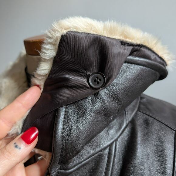 Vintage Brown Leather Jacket Faux Fur Lambskin Moto Chic Biker Bomber Coat Large - Picture 7 of 13